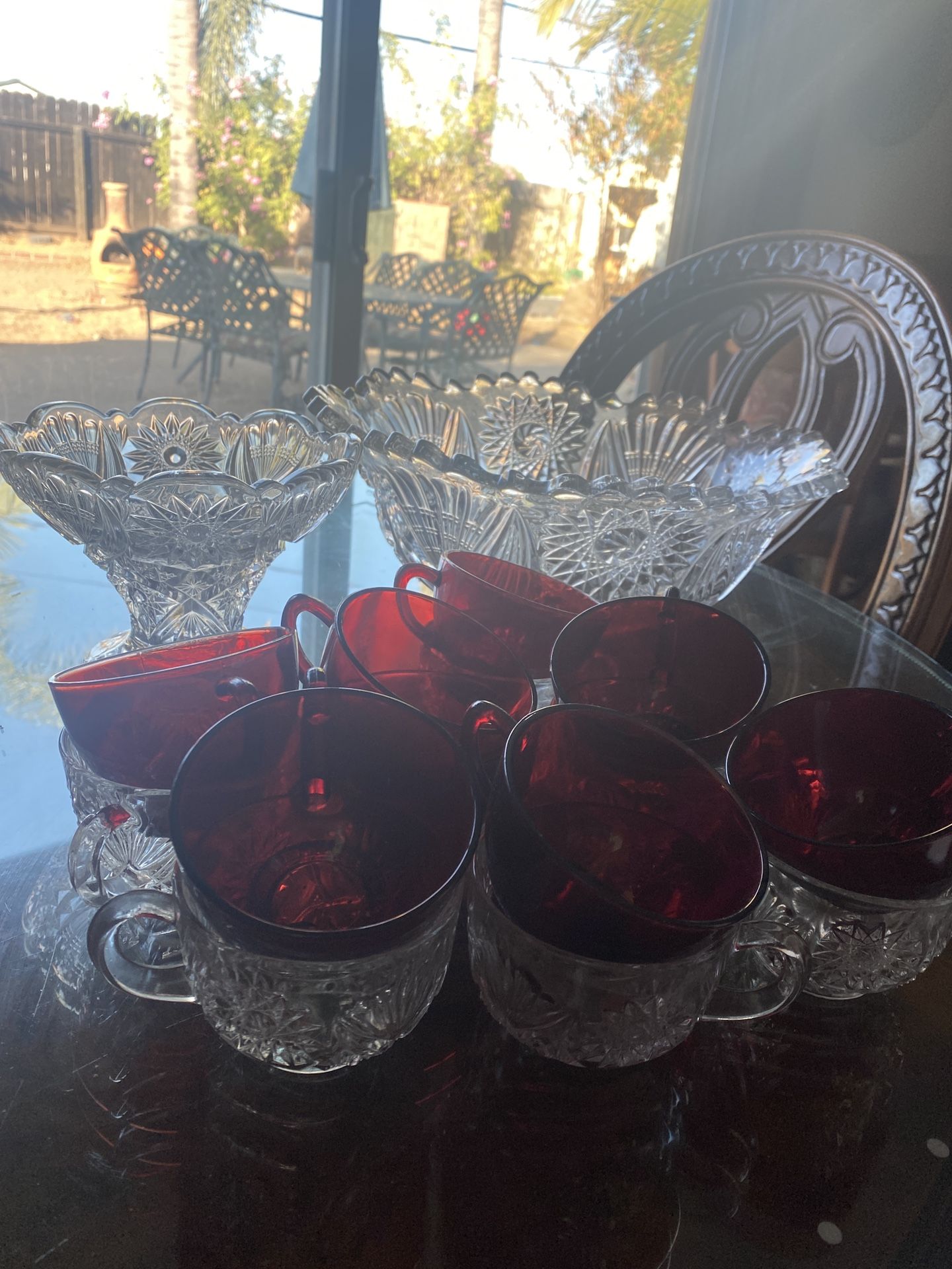 Crystal Antique Punch Bowl W Stand And Glasses
