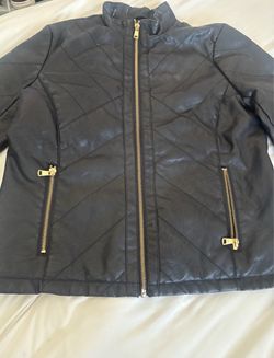 Black Faux Leather Moto Jacket with Gold Zippers