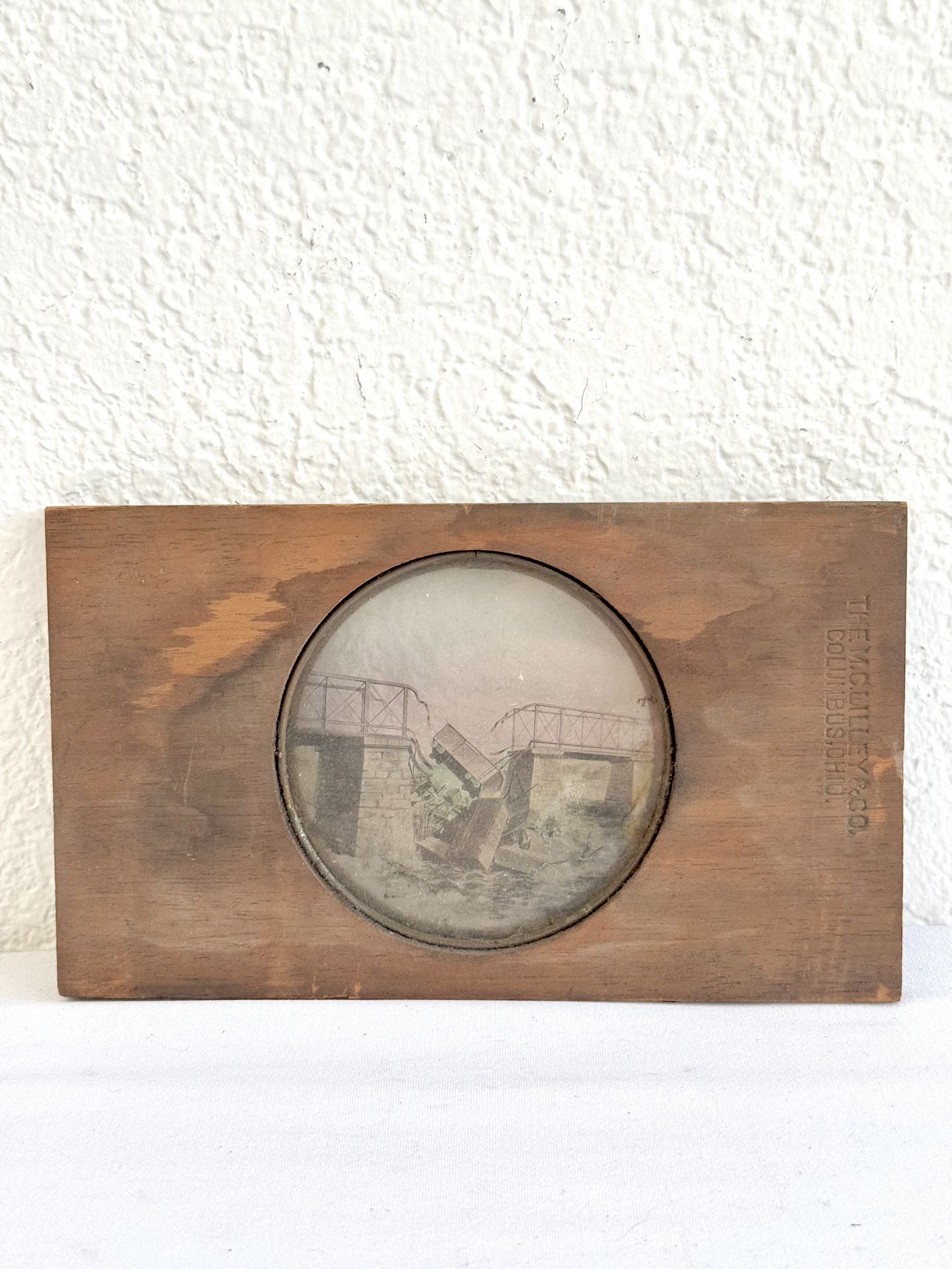 Antique Magic Lantern Wood Glass Negative Slide, M.C. Lilley, Bridge Collapse