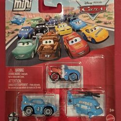 Disney Pixar Cars Mini Racers, 3 Pack, "Transforming Lightning McQueen", "Rotor Turbosky" and "Stop Weathers" AKA "The King",  VHTF