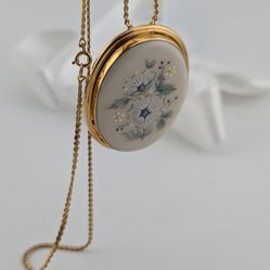 Vintage Signed 1/20 Gold Filled 12k Lenox Floral Bloom Porcelain Pendant Necklace 