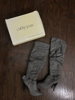 Cathy Jean Gray Knee High Zip Boots w/ Bow Accent