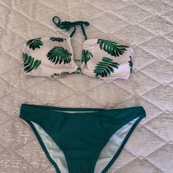Womens Medium Blue Green Pink Palm Leaves Pink Bikini Set 