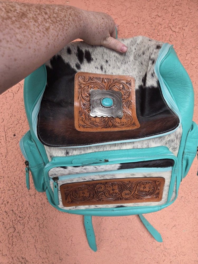 Turquoise Hair On HideBrown Leather Women's Bag