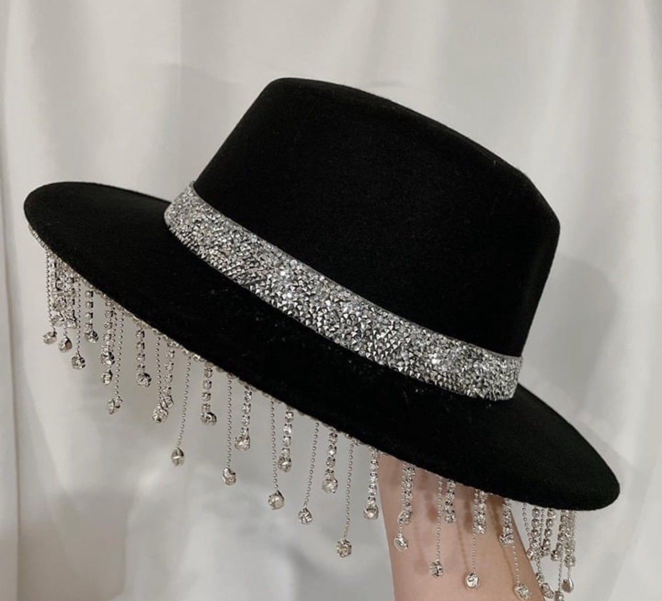 Cotton felt black bling bling cowboy fedora hat crystal Fringe