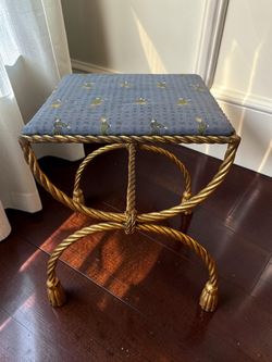 Hollywood Regency Italian Gold Gilded Twisted Rope and Tassel Bench / Stool - 15 ½x15 ½x19