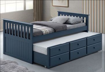Brand New Blue Twin Size Bed Frame w Trundle Bed + Drawers