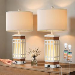 Farmhouse Modern Table Lamp Set of 2 - USB & Nightlight