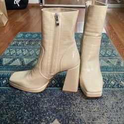 Princess Polly Cream Leather Boots