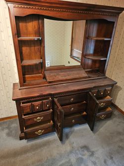 Large Wood Dresser with Mirror and Hutch