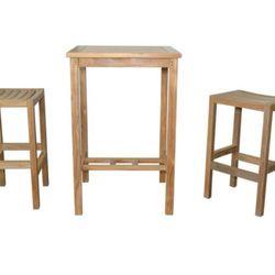 New Solid Teak Outdoor Bar Table And 2 Bar Chairs.