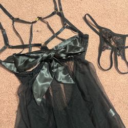 New xl black mesh sheer set Lingere panty Teddy babydoll nightgown goth emo