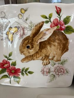 Ceramic Square Plate Bunny Floral Design