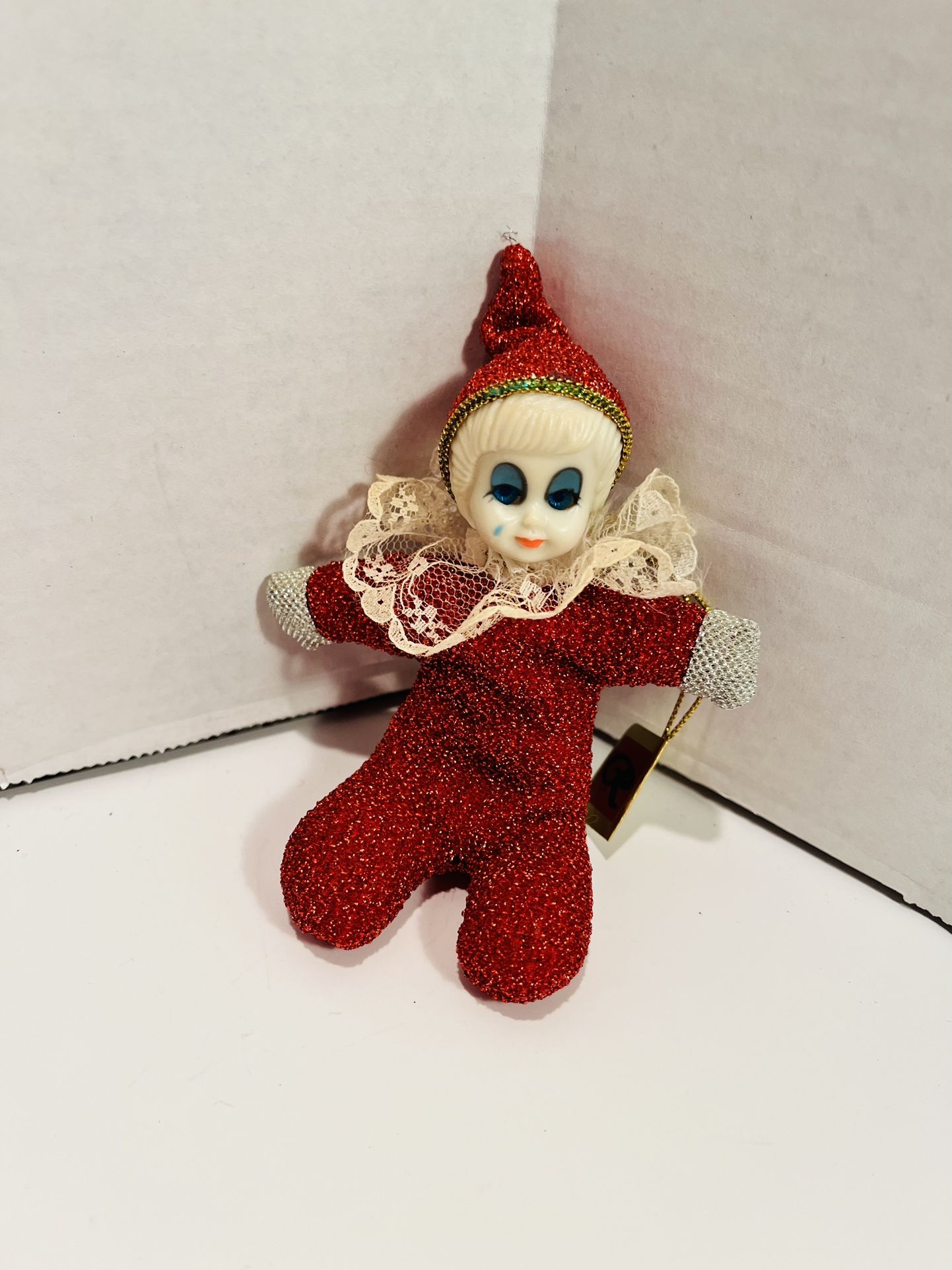 Vintage Sleepy eyes Clown Doll ornament Plastic Face / Red Outfit - Rare!