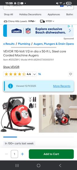 Vevor Drain Cleaner 50ft / 1/2 In