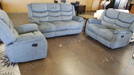 Bluish grey cheneil fabric 3 pc reclining set