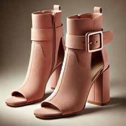 Blush Pink Open-Toe Suede Booties 