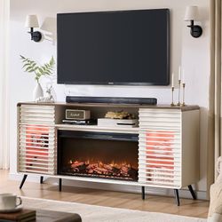 2box  SDPC70FP36-ROWAW-A SDPC70FP36-ROWAW-B  Fireplace TV Stand for 80 Inch TV, Mid Century Modern Entertainment Center with 36" Electric Fireplace & 