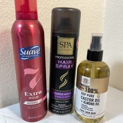 Suave Essentials Mousse, Spa Luxury Hair Spray, and Pure Castor & Almond Oil
