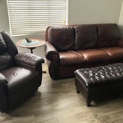 Leather Couch, Recliner And Storage Ottoman