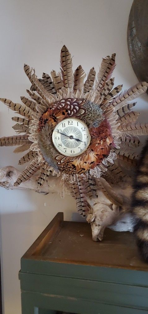 Pheasant Feather Clock Taxidermy Nice!