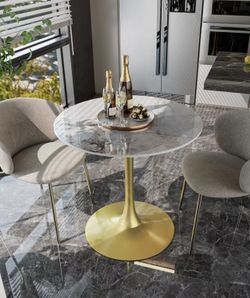Marble Round Bar Table: 30" Dia White Patterned Sintered Stone Tabletop 31" Tall Golden Leg Bar Cocktail Table Bar Furniture for Home Kitchen, Pub, Co