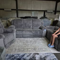 Brand New Lifestyle Cord Grey Manually Reclining 3pc Living Room Set with Rocker Recliner