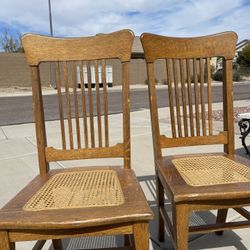 2 Antique Oak Chairs With New Caning