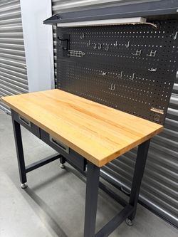 Solid 2 x 4 Wood / Metal Workbench with Pegboard and Drawers