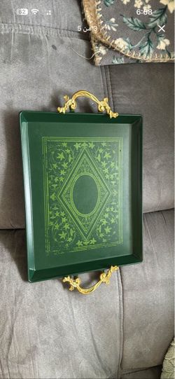 Green and Red Decorative Serving Tray with Gold Handles