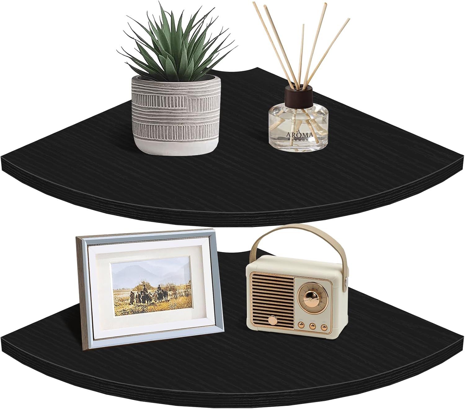 Homode Corner Floating Shelves, 12" Deep Corner Shelves Wall Mounted with Cord Hole, 2 Tier Curved Corner Hanging Shelving for Wall Storage, for Cable