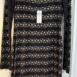 BCBGMaxAzria Black and Cream Lace Long Sleeve Dress