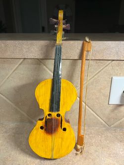Vintage Wooden Miniature Decorative Violin with Bow