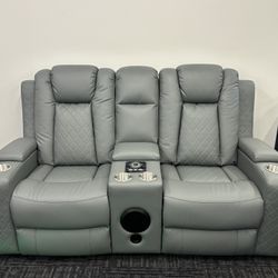 Brand New Gray Leather Recliner Loveseat With Cup Holder & Speaker & Storage & Charging Port