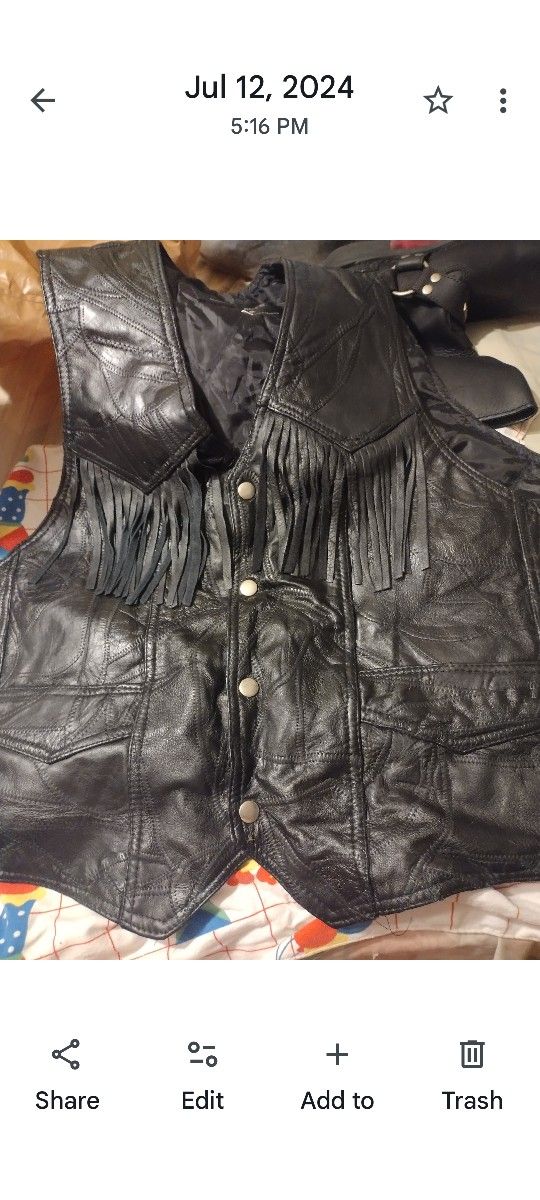 Men's Leather Black Vest Needs Side Ties With Harley Davidson Coffey Cup