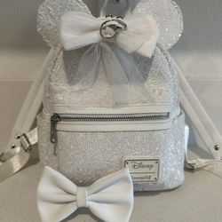 Loungefly Disney Minnie Mouse Sequin Wedding Mini Backpack in white vegan leather.  