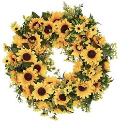 Summer Wreath Sunflower Wreath for Front Door 17” Fake Flower Wreath Door Wreaths Wall Decor-Yellow