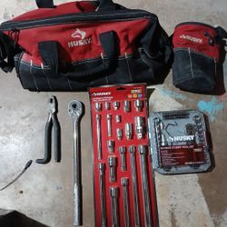 Husky Tool Bags, 19 Piece Extension And Adapter Set, 46 Piece Stubby Tool Set(missing One Wrench), Drive Ratchet, Wire Cuters, 2 