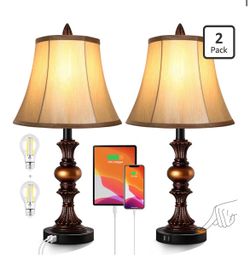 Touch Control Traditional Table Lamp Set of 2, Vintage Bedside Lamps with Dual USB Charging Ports, 3-Way Dimmable Bronze Finish Desk Lamps with Bell S