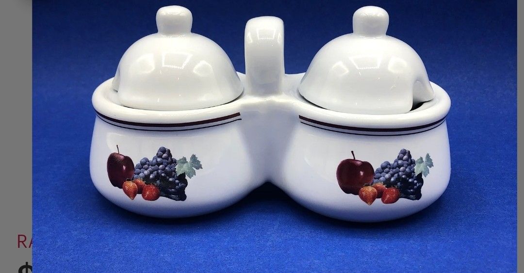 Vtg 80's Porcelain Jam Jelly Server Lids 2 Compartments Handle Houston Harvest