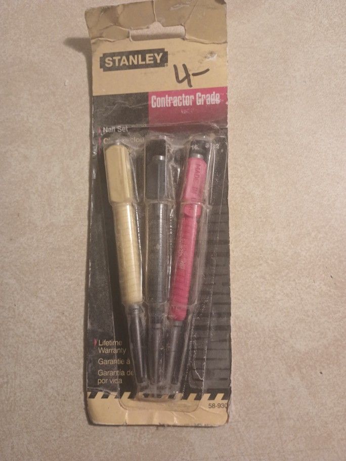 STANLEY Nail Set, Specifications: 1/32 in Tip, Steel, Dimensions: 5 in L, Includes: #58-911 1/32 in, #58-912 2/32 in, #58-913 3/32 in Nail Setter