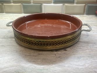 Vintage Brass Serving Tray with Clay Pottery Insert Serving Dish