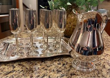 12 Beautiful Silver Plated Glasses with Pitcher and Serving Tray