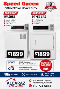 Speed Queen Commercial Heavy Duty Coin Washer Tv4000 and Dryer Dv4000 precio de cada una de $1899 por set $3798 / 3 Years Warranty