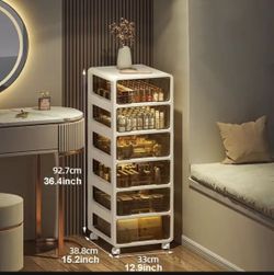 White transparent 6-layer plastic cosmetic storage cabinet with wheels 
