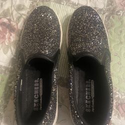 Skechers Memory Foam Black Silver Gold Slip On