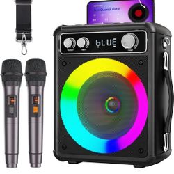 Karaoke Machine for Adults & Kids, Portable Bluetooth Speaker with 2 Wireless Microphones, PA System with LED Light, Karaoke Machine Supports REC/FM/A