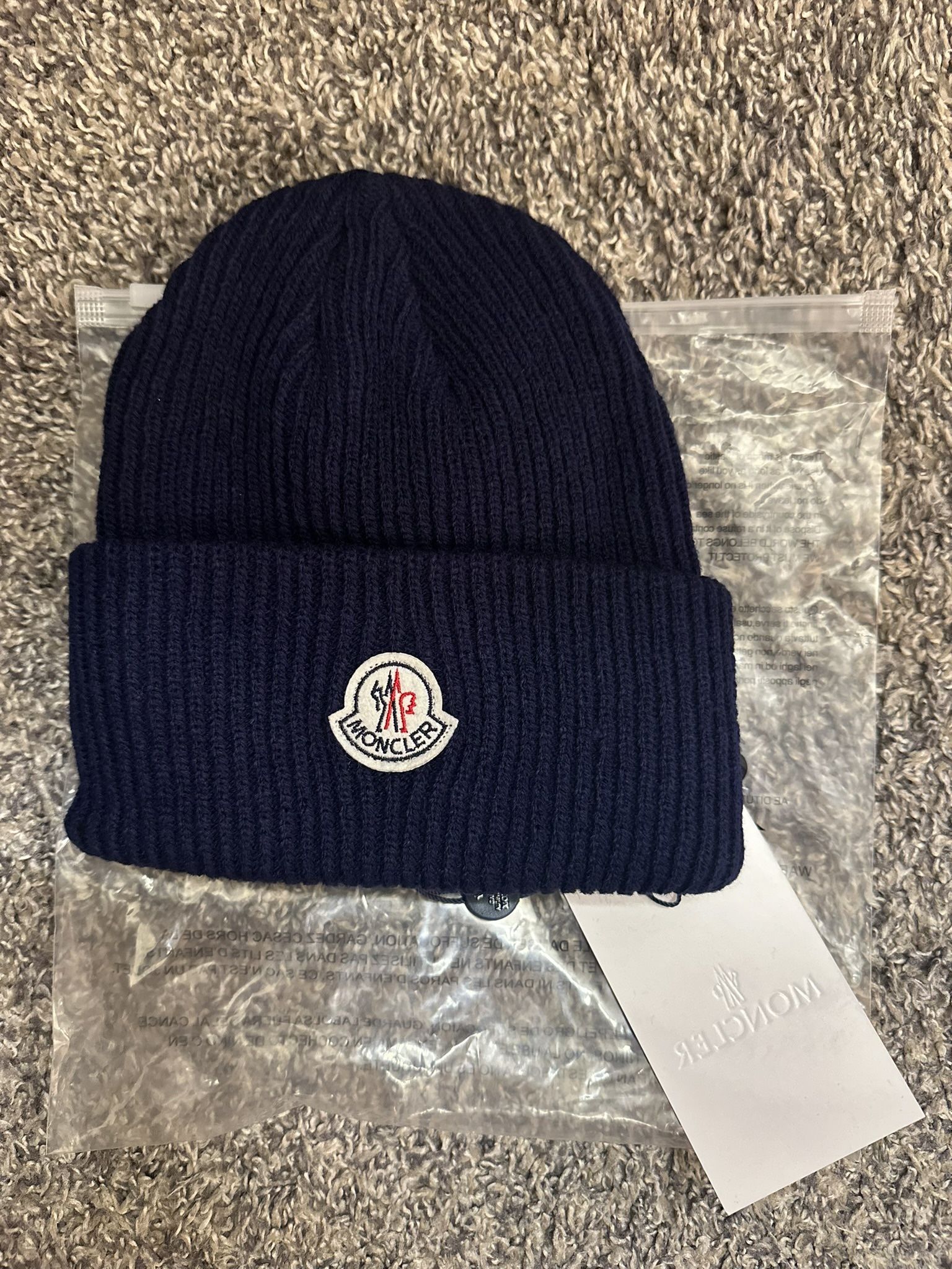 navy blue moncler beanie 