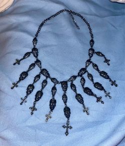 Rare Gothic Skull Rhinestone Bib Necklace Adjustable in Gun Metal Gray