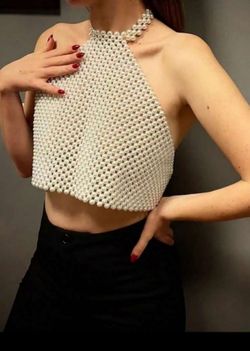 1pc Pearl Cropped Top Women's Pearl Clothing Party Favors Elasticated Waist Fits Al